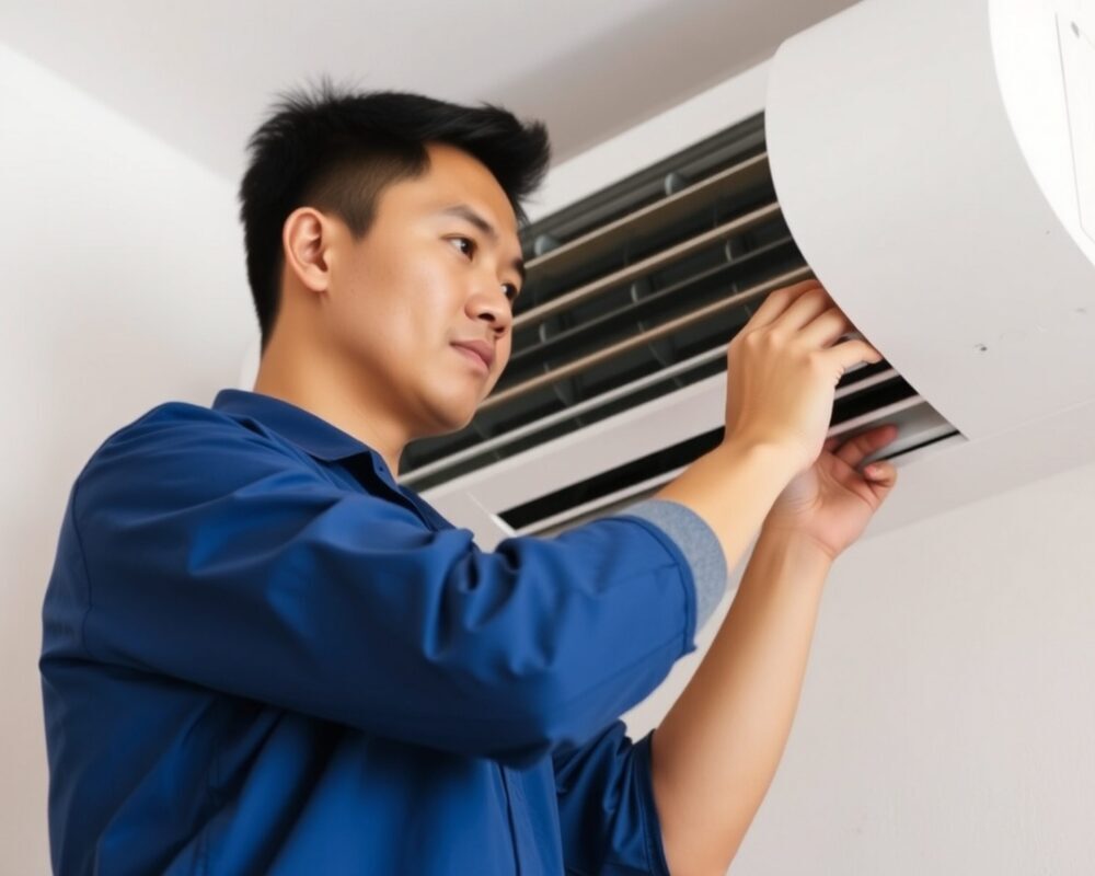 An Asian young Technician service man wearing blue uniform checkingProfessional air conditioner installer maintaining modern indoor air conditioner space for text