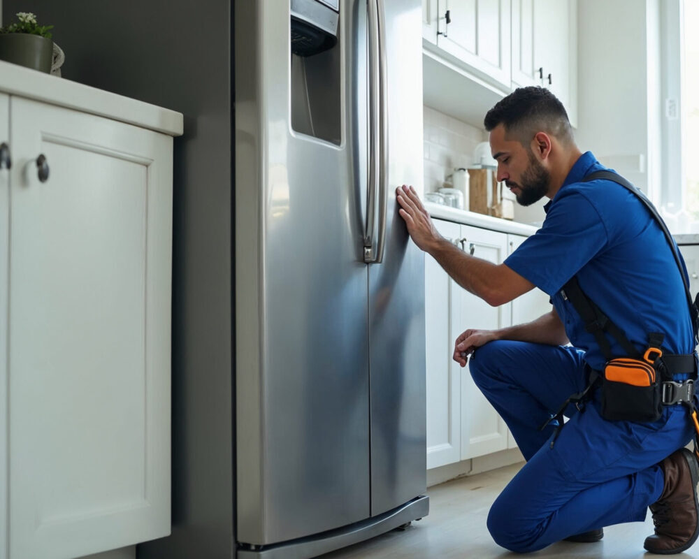 man-blue-shirt-is-kneeling-front-stainless-steel-refrigerator